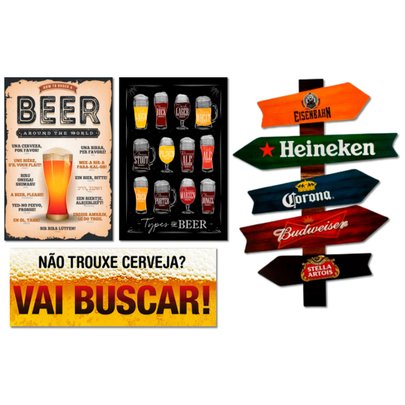 Kit 4 Placas Decorativas Cervejas Bebidas Frases Bar Seta
