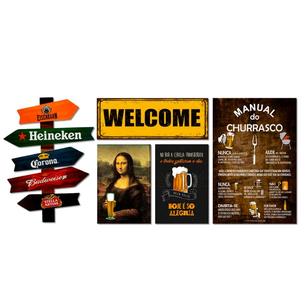 Kit 5 Placas Decorativas Cervejas Frases Churrasco Seta