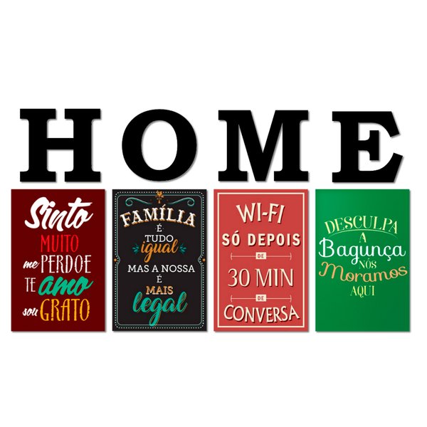 Kit 4 Placas Decorativas Frases Família Wifi cC/ Letras HOME