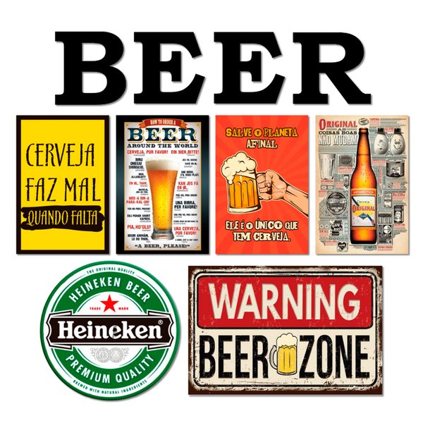 Kit 6 Placas Decorativas Cerveja Bebida Frase C/ Letras BEER