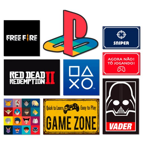 Kit 9 Placas Decorativas Geek Nerd Game Freefire Playstation