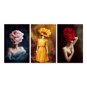 Imagem de Kit 3 Placas Decorativas Arte Flores Mulheres 20x30 cm Mdf