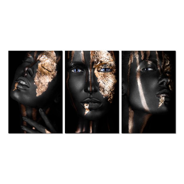 Kit 3 Placas Decorativas Mulheres Negras Gold 20x30 cm Mdf