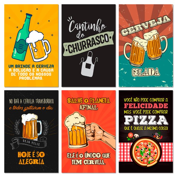 Kit 6 Placas Decorativas Cervejas Churrasco 20x30 cm Mdf
