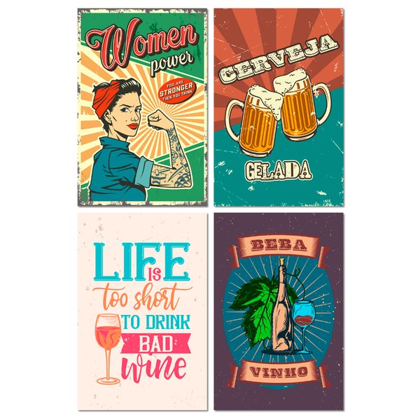 Kit 4 Placas Frases Bebidas Wine Vinho Cervejas 20x30 cm Mdf