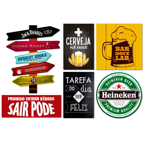 Kit 6 Placas Decorativas Bebidas Cervejas Frases Bar Seta