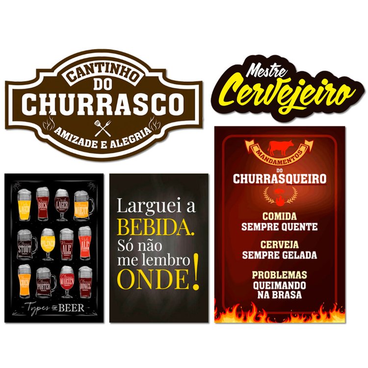 Kit 5 Placas Decorativas Cervejas Churrasco Frases Bebidas