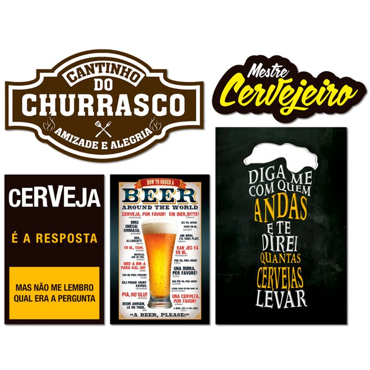 Kit 5 Placas Decorativas Frase Churrascos Cervejas Bebidas