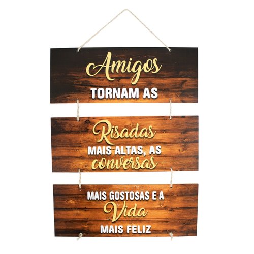 Placa Decorativa Frase Amigos Risadas Com Corda 70x40 Cm
