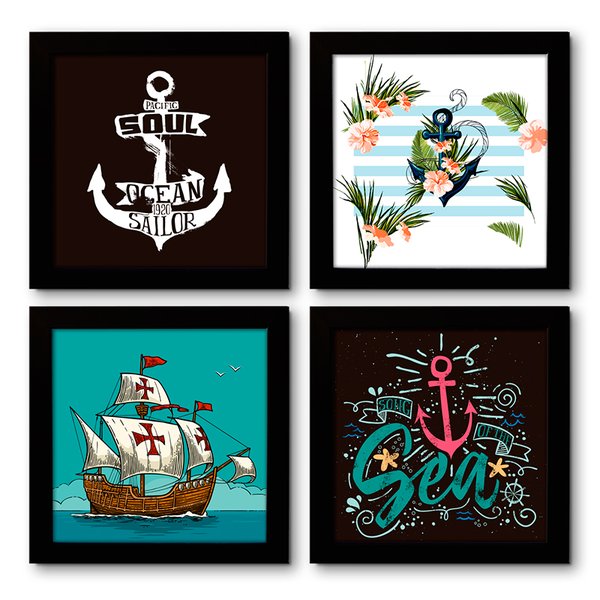 Quadro Decorativo Composê 40x40 Cm Mar e Navio