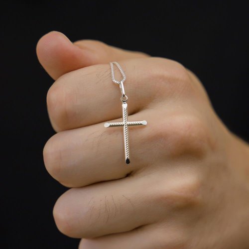 Pingente de Prata 925 Masculino Crucifixo Corda
