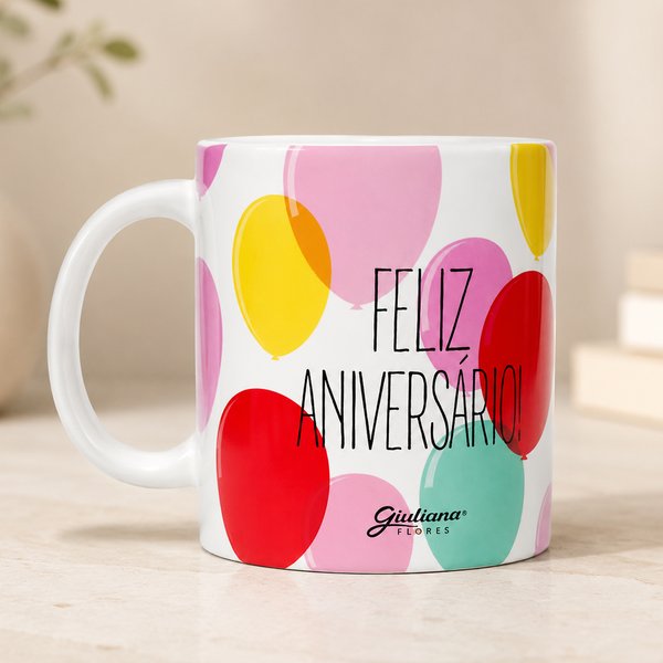 Caneca Feliz Aniversario - Coleção Giuliana Flores