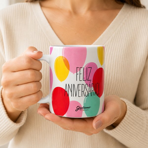 Caneca Feliz Aniversario - Coleção Giuliana Flores