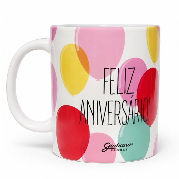 Caneca Feliz Aniversario - Coleção Giuliana Flores
