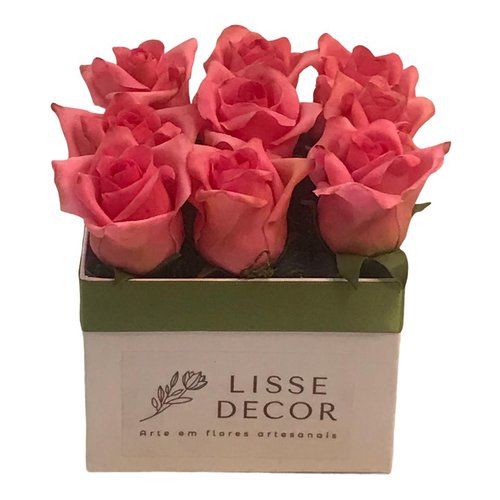 Flor Artificial 9 lindas Rosas Pink Box Presente Único