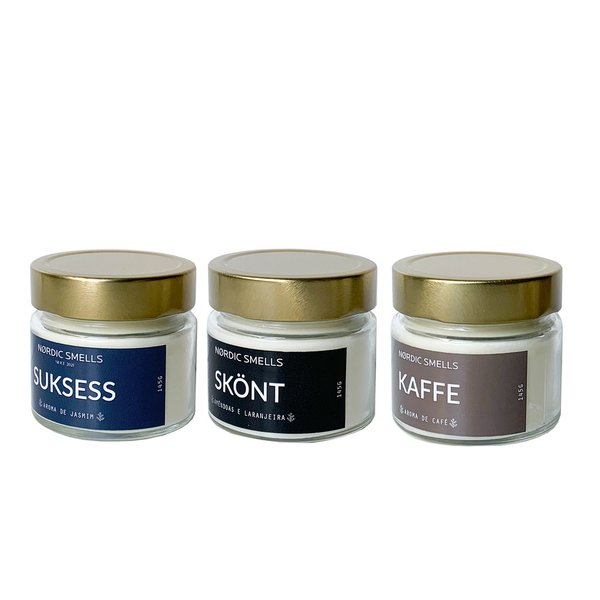 Kit Combo 3 Velas Aromáticas de Jasmim, Amêndoas com Flor de Laranjeira e Café