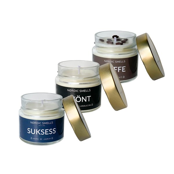 Kit Combo 3 Velas Aromáticas de Jasmim, Amêndoas com Flor de Laranjeira e Café
