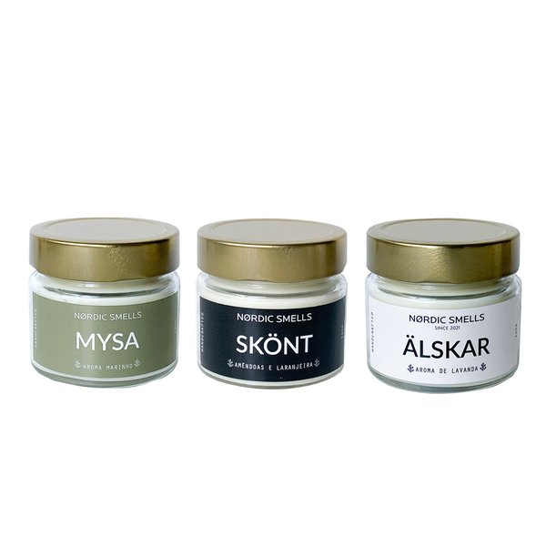 Kit Combo 3 Velas Aromáticas de Aroma Marinho, Amêndoas com Flor de Laranjeira e Lavanda