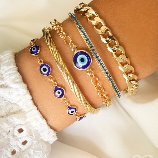 PULSEIRA AJUSTÁVEL FOLHEADA A OURO 18K GRÉCIA OLHO GREGO PEQUENO AZUL