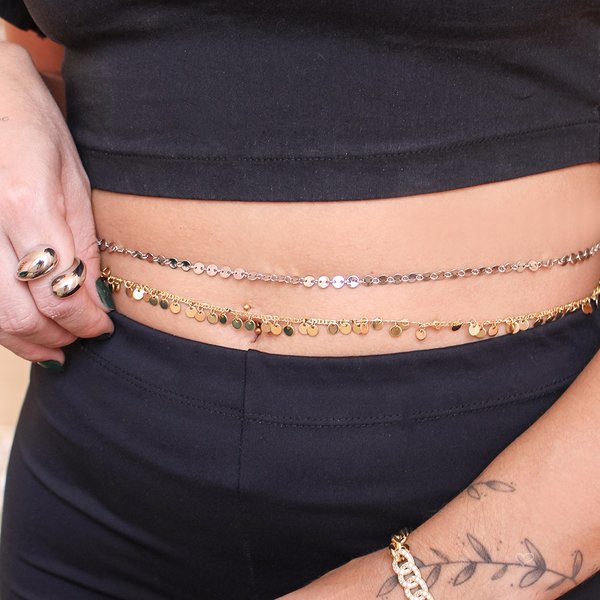 BELLY CHAIN MIKONOS MINI MEDALHAS FOLHEADO A OURO 18K