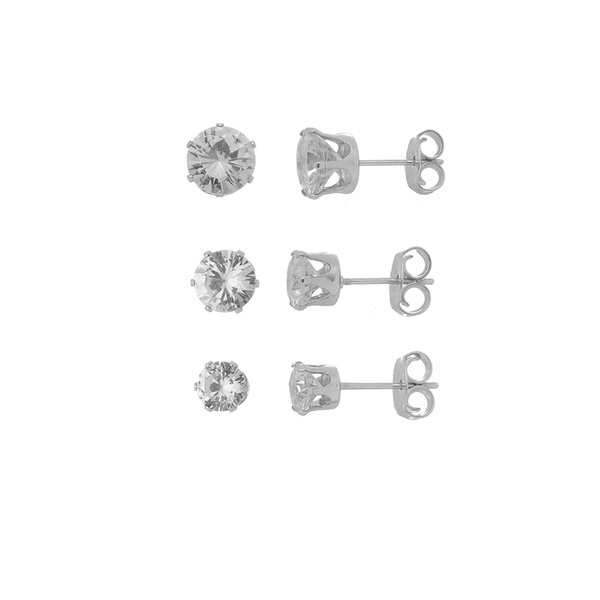 KIT 3 BRINCOS JUNE PONTOS DE LUZ ZIRCÔNIA FOLHEADO EM RÓDIO BRANCO