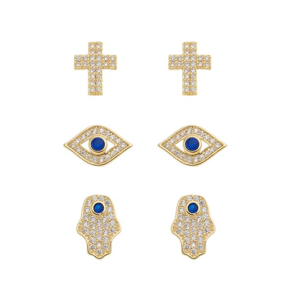TRIO DE BRINCOS MIA OLHO GREGO MÃO HAMSA E CRUZ FOLHEADO A OURO 18K
