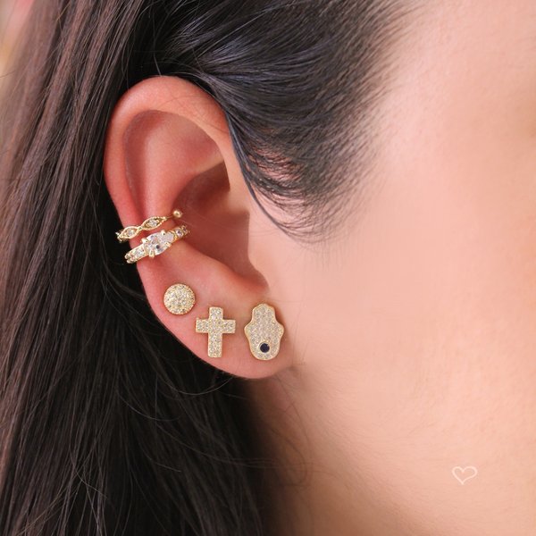 TRIO DE BRINCOS MIA OLHO GREGO MÃO HAMSA E CRUZ FOLHEADO A OURO 18K