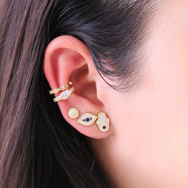 TRIO DE BRINCOS MIA OLHO GREGO MÃO HAMSA E CRUZ FOLHEADO A OURO 18K