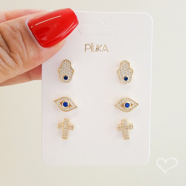 TRIO DE BRINCOS MIA OLHO GREGO MÃO HAMSA E CRUZ FOLHEADO A OURO 18K