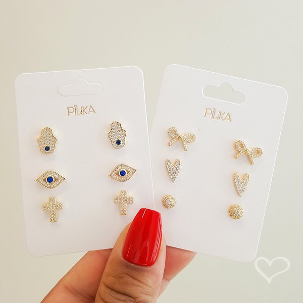 TRIO DE BRINCOS MIA OLHO GREGO MÃO HAMSA E CRUZ FOLHEADO A OURO 18K
