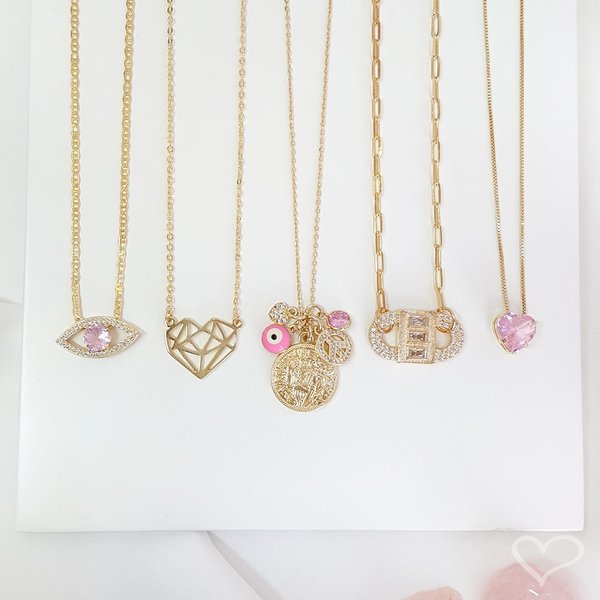COLAR DE CORAÇÃO ZIRCÔNIA ROSA JUNNY FOLHEADO A OURO 18K