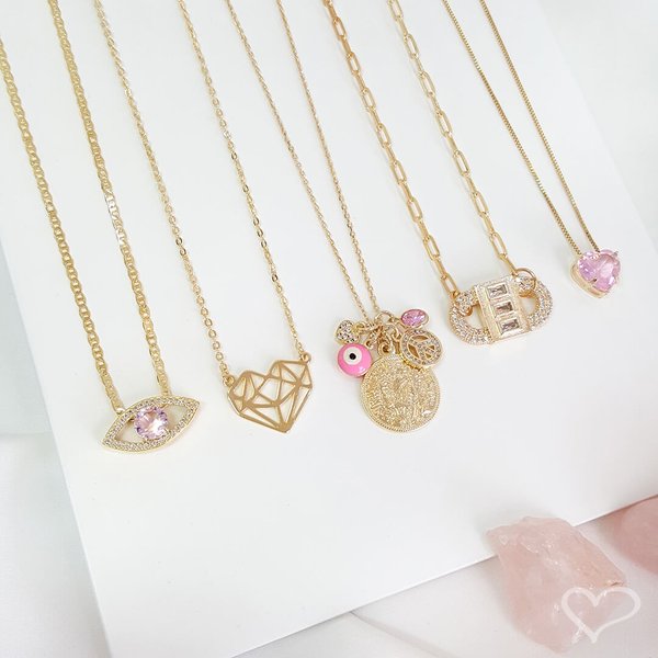 COLAR DE CORAÇÃO ZIRCÔNIA ROSA JUNNY FOLHEADO A OURO 18K