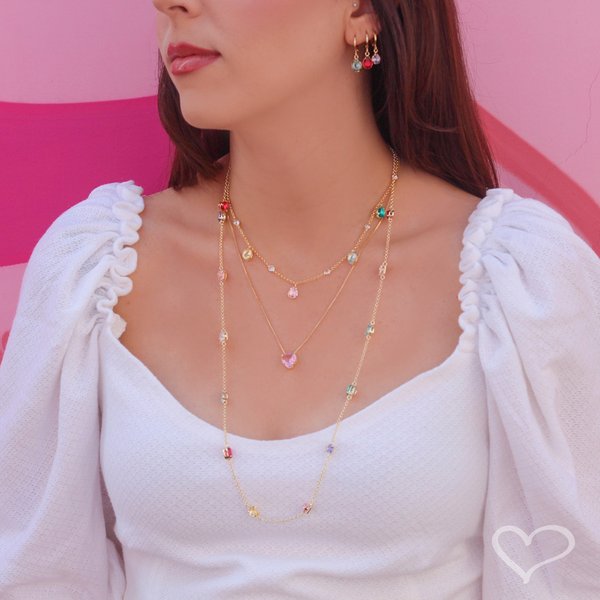 COLAR DE CORAÇÃO ZIRCÔNIA ROSA JUNNY FOLHEADO A OURO 18K