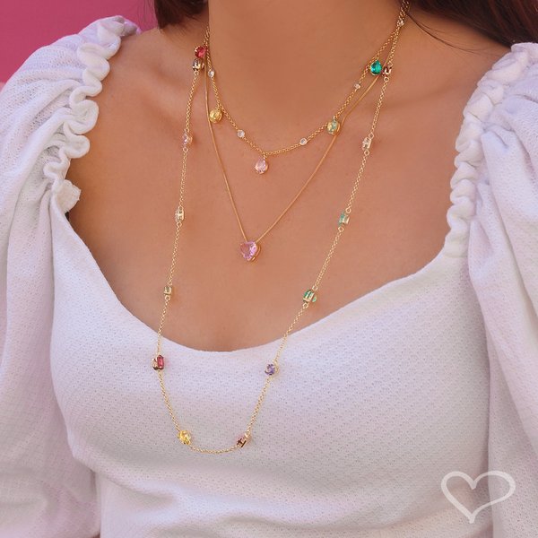 COLAR DE CORAÇÃO ZIRCÔNIA ROSA JUNNY FOLHEADO A OURO 18K