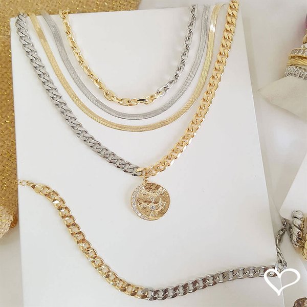 CHOKER 2 VOLTAS MALHA METAL FOLHEADA A OURO 18K E FOLHEADA EM RÓDIO BRANCO VITTO