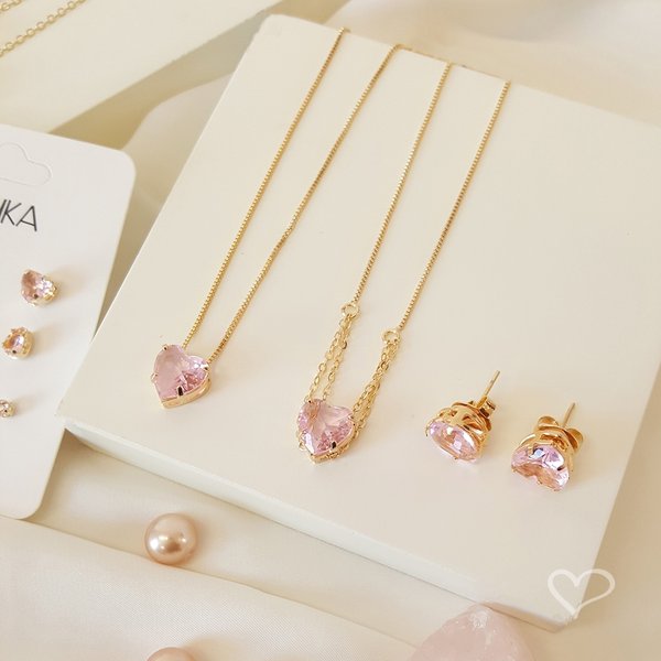 BRINCO DE CORAÇÃO HCC ZIRCÔNIA ROSA FOLHEADO A OURO 18K