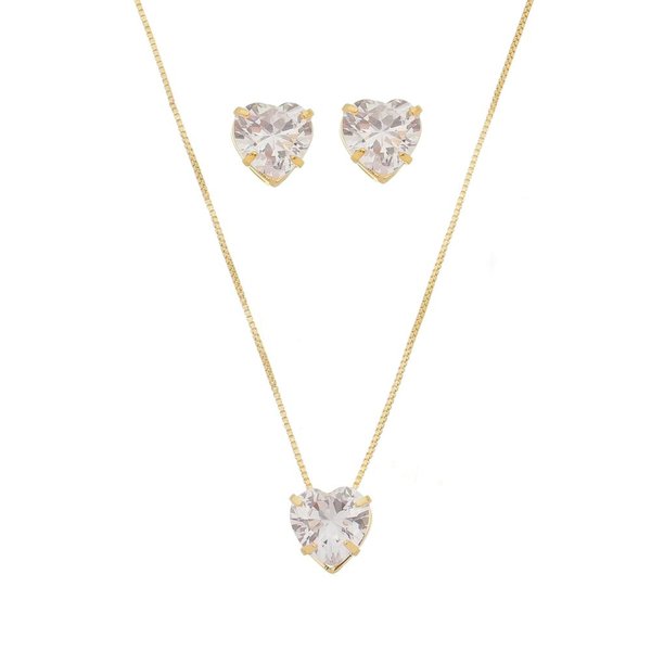 Conjunto Colar e Brinco Coração Zircônia Folheada a Ouro 18K