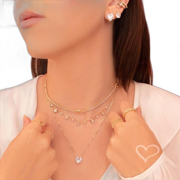 Conjunto Colar e Brinco Coração Zircônia Folheada a Ouro 18K