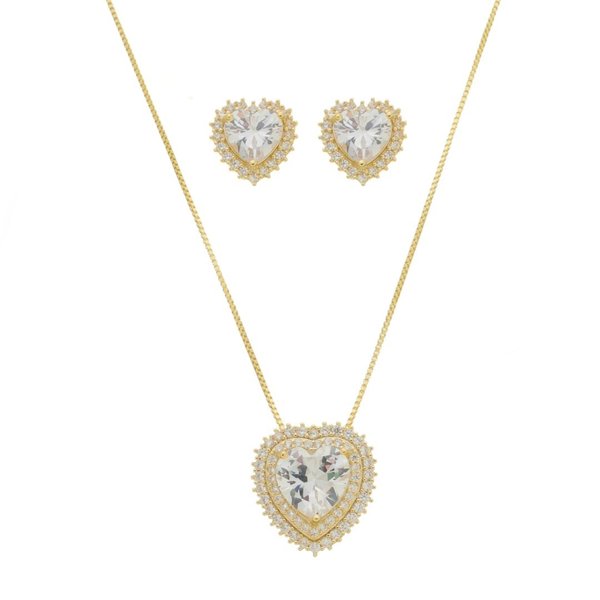 CONJUNTO COLAR E BRINCO CORAÇÃO LIZZY ZIRCÔNIAS FOLHEADO A OURO 18K