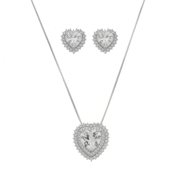 CONJUNTO COLAR E BRINCO CORAÇÃO LIZZY ZIRCÔNIAS FOLHEADO EM RÓDIO BRANCO