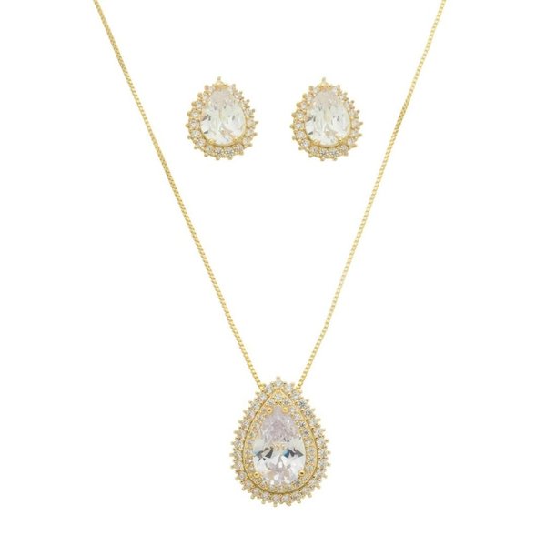Conjunto Colar e Brinco Gota Lizzy Zircônia Folheada a Ouro 18K