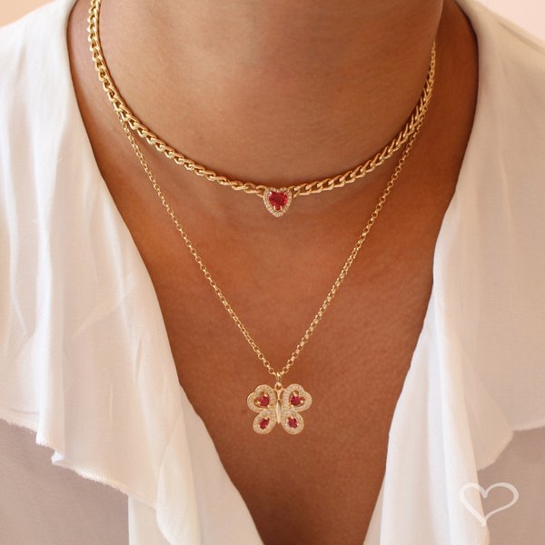 COLAR VICKY BORBOLETA ZIRCÔNIA RUBELITA FOLHEADO A OURO 18K