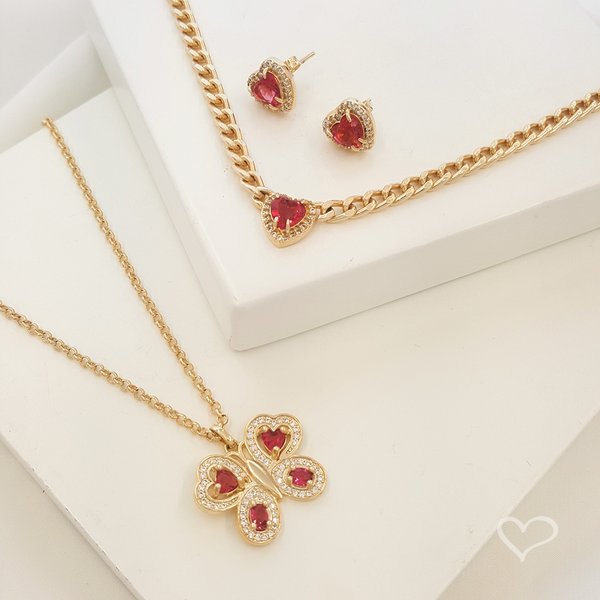 COLAR VICKY BORBOLETA ZIRCÔNIA RUBELITA FOLHEADO A OURO 18K