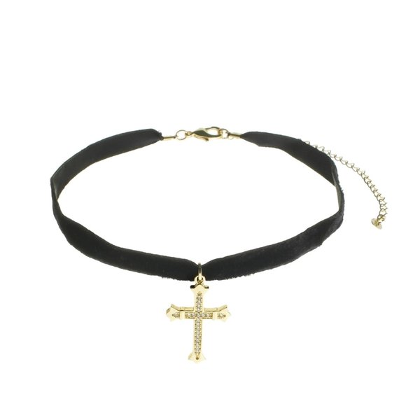 CHOKER ZOE VELUDO PRETO CRUZ GÓTICA FOLHEADO A OURO 18K