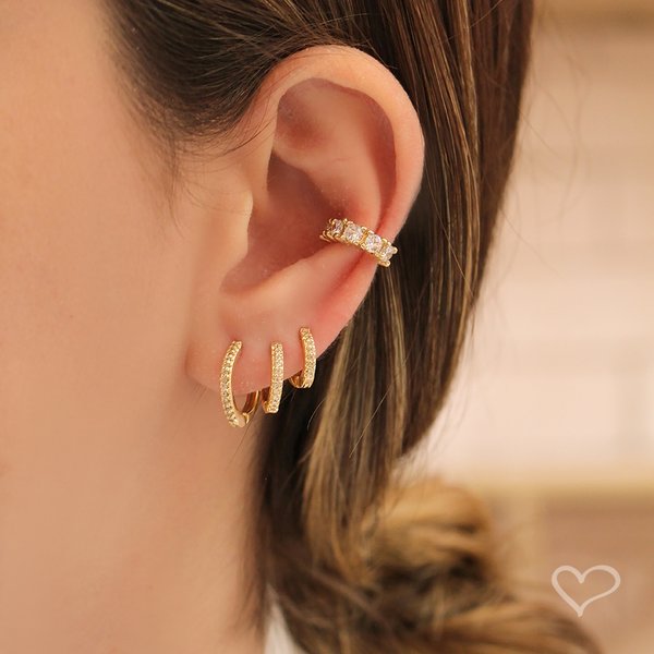 TRIO DE BRINCOS ARGOLINHA KEL ZIRCÔNIAS FOLHEADO A OURO 18K