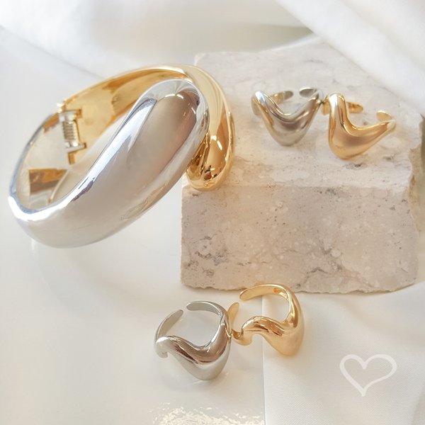 ANEL ORGÂNICO DUPLO NICOLE FOLHEADO A OURO 18K E FOLHEADO EM RÓDIO BRANCO