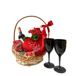 Imagem de Cesta de Presente Vinho e Flores Red Love