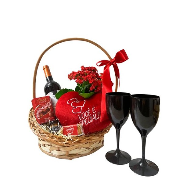 Cesta de Presente Vinho e Flores Red Love
