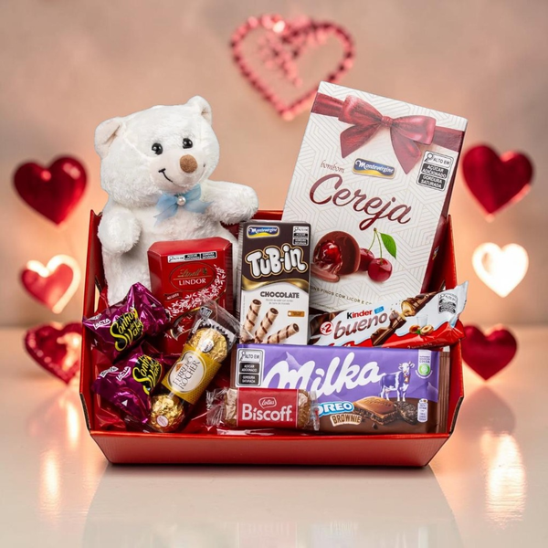 Cesta de Chocolates e Guloseimas com Ursinho 