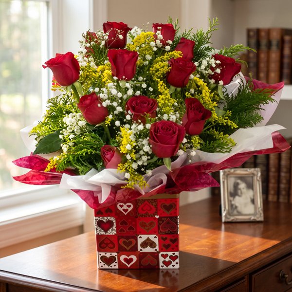Arranjo com 12 rosas vermelhas